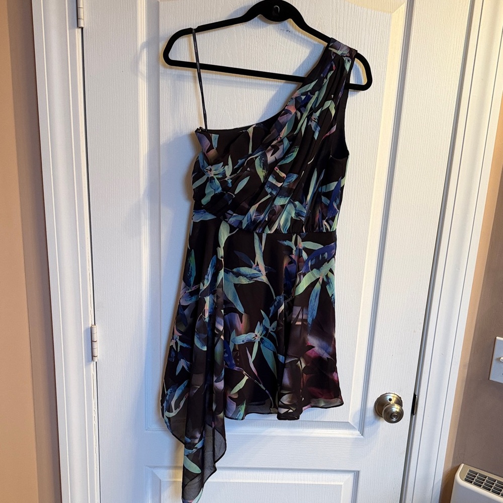 Marciano One-Shoulder Asymmetrical Floral Dress - Black with Blue & Green